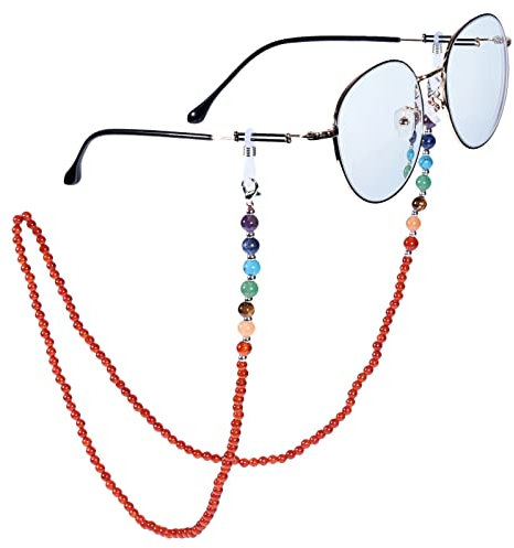 Nupuyai 7 Chakra Stein Perlen Brillenkette Damen Kristall Sonnenbrillenkette Gesichtsmaske Kette Edelstein Brillenband Brillenkordel Brillenhalter für Lesebrillen, Myopiebrille Karneol