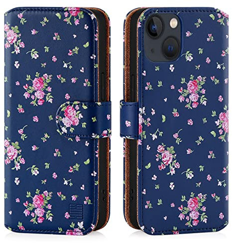 32nd Floral Series 3.0 - Design PU Leather Book Wallet Case Cover for Apple iPhone 14 (6.1), Designer Flower Pattern Wallet Style Flip Case With Card Slots - Vintage Rose Indigo