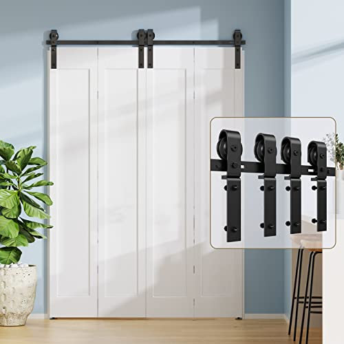 ROOMTEC 5FT Bi-Folding Sliding Barn Door Hardware Track Kit, Black Roller Kit for 4 Doors, J Shape(No Door)