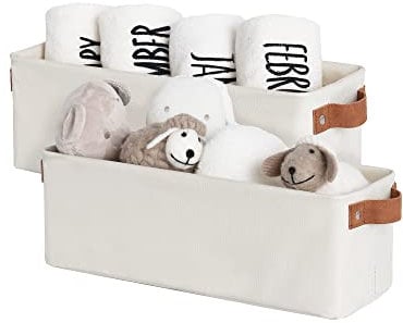 StorageWorks Narrow Storage Boxes, Long Storage Baskets for Organising Wardrobe, Slim Storage Boxes with Handles and Metal Frame, Decorative Shelf Bins for Bathroom Counter Office, Beige, 2-Pack