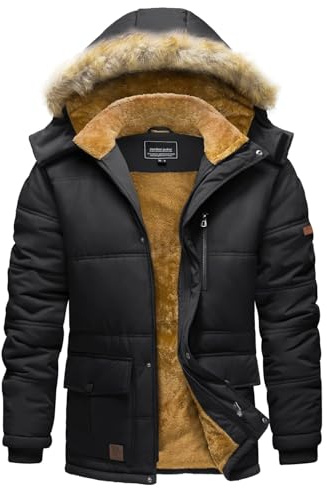 TACVASEN Men's Winter Jackets Water Resistant Fleece Puffer Jacket Thermal Ski Hiking Parka Down Coat with Hood Black M