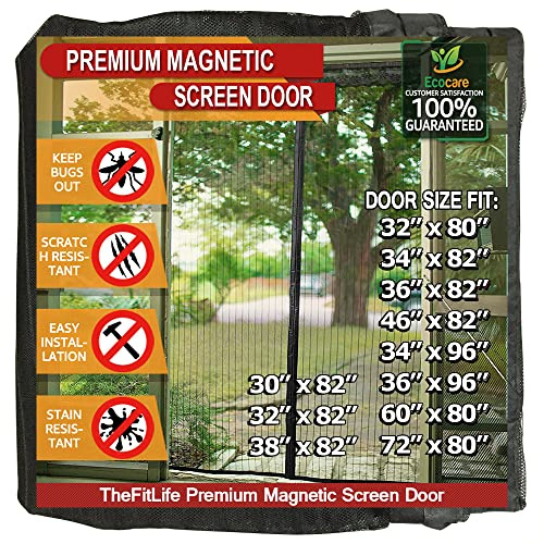 TheFitLife Magnetic Fly Screens for Doors - Heavy Duty Mesh Curtain with Full Frame Hook and Loop Powerful Magnets that Snap Shut Automatically (Black 86x210cm - Fits Doors up to 81x208cm Max)