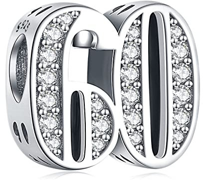 Amuefer Número 60 Charms para Pulseras y Collares, Colgante de Plata de Ley con Circonita Cúbica, Navidad Joyería Regalos para Mujeres