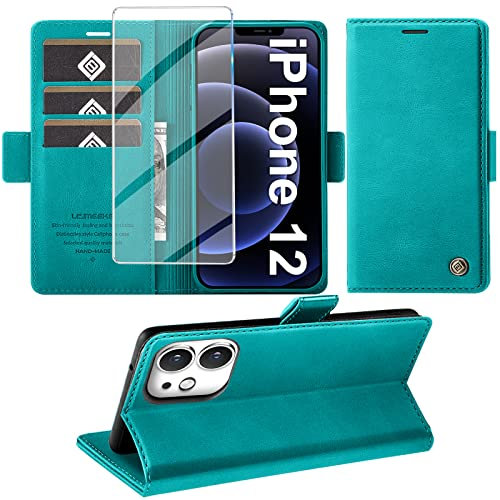 Giyer Handyhülle für iPhone 12/12 Pro Hülle mit Schutzfolie, Standfunktion Kartenfach Wallet Premium Leder Schutzhülle für iPhone 12/12 Pro 5G 6.1 Zoll Flip Case Cover Stoßfeste Klapphülle (Cyan)