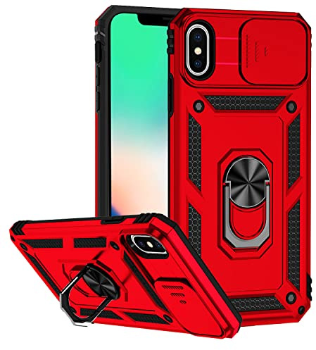 Hitaoyou Coque pour iPhone X/XS, iPhone X/XS avec coque d'appareil photo et béquille de qualité militaire résistante aux chocs Coque magnétique pour iPhone X/XS 5.8 Rouge