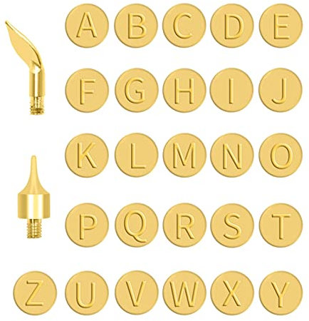 Letter Wood Burning Tip Kit 28pcs Embossing Uppercase and Solde Iron Alphabet Branding Hand Tool Copper Pyrography Head Tools for Wood DIY Making Crafts Embossing, 0.39inch in Dia