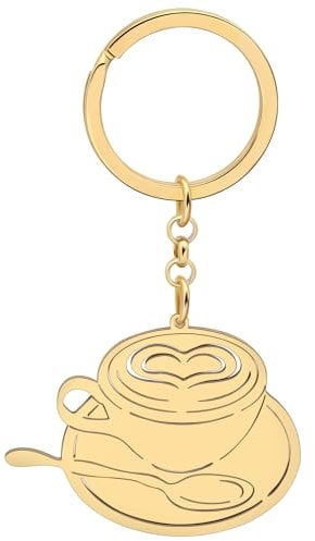 YAYAKO Coffee Keychain Stainless Steel Coffee Mug Jewelry Gifts for Women Girls Charms Coffee Maker Car Key Chain (Coffee Cup Plated Gold)