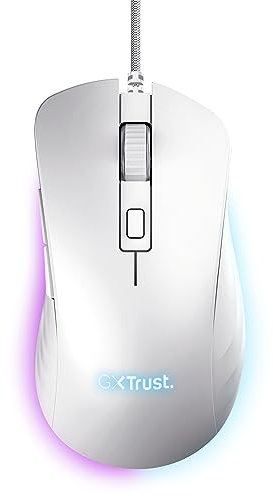 Trust Gaming GXT 924W Ybar+ Mouse Gaming, 25600 DPI, 50% Plastica Riciclata, Sensore Ottico 25K, 6 Pulsanti Programmabili, Illuminazione LED RGB, Mouse da Gioco Cablato con Filo USB - Bianco