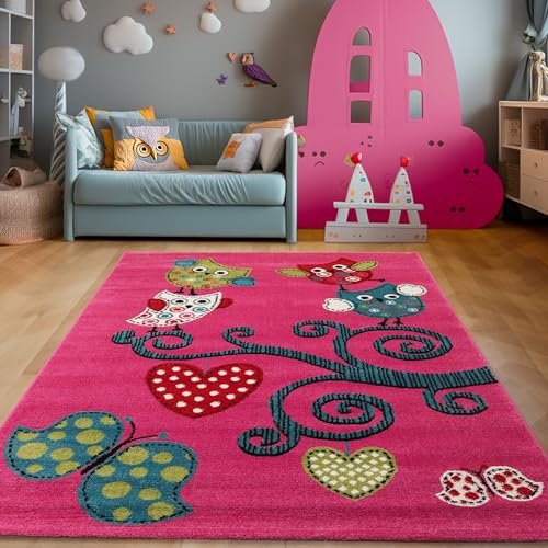 SIMPEX Teppich Rund Kinderzimmer Eulenmuster Violett Kurzflor Kinderteppich mädchen Spielteppich Eulen Design Babyzimmer Teppiche für Junge und Mädchen Extra Weich und 120 cm Rund