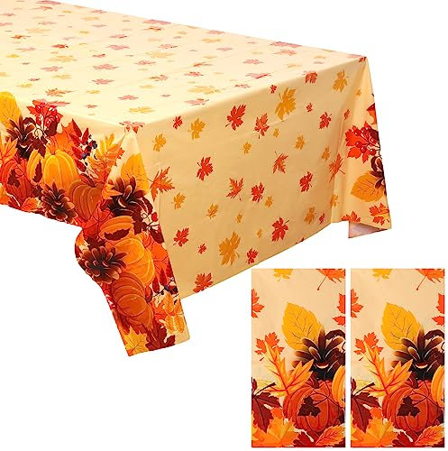 2 Stück 137 x 274 cm Herbst Party Tischtücher Erntedankfest Tischwäschen Ahornblätter Kürbis Bedruckte Tischdecken Kunststoff Herbst Tischdecken Deko für Erntedankfest Ernte Dekoration