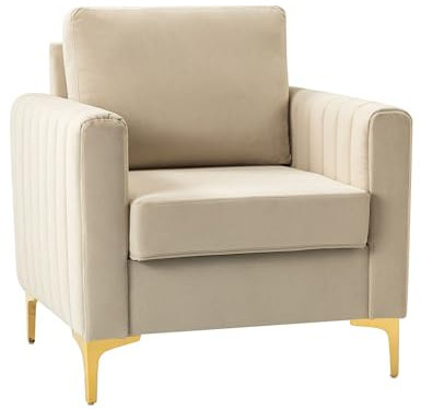 HULALA HOME Sessel, Armsessel, Lehnsessel, Clubsessel mit gepolsterten Rücken und goldenen Metallbeinen, fass-Freizeitstuhl aus der Mitte des Jahrhunderts, bequemer Lesesessel, Beige