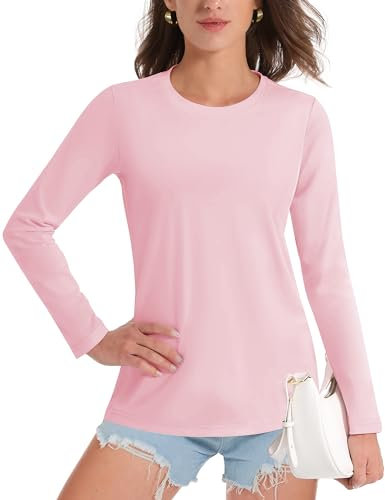 TACVASEN Long Sleeve Tops for Women Cotton Crew Neck T-Shirt Breathable Golf T Shirt Quick Dry Casual Shirts, Light Pink, XL