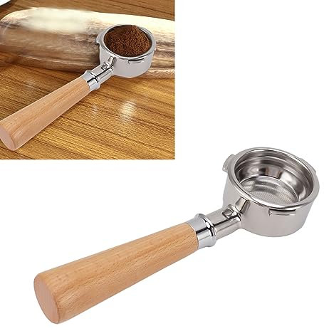 Portafiltro de café sin Fondo de 58 Mm, Portafiltro de Cesta de Filtro de Taza, Portafiltro de café de Acero Inoxidable de 3 Orejas Mango de Madera Maciza para Cafetera Barsetto