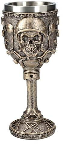 Figuren Shop GmbH Motohead Verre à vin en forme de tête de mort 200 ml – Bronze – Motif moto avec crâne – Insert en acier inoxydable 19 cm