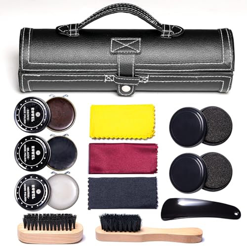YUET Schuhputz-Set mit einem glatten und eleganten PU Etui, Schuhputz-Reise Set mit Bürste, Bestehend aus 12 Teilen,Schuhbürsten zum Polieren, Schuhputzset mit Rosshaarbürsten