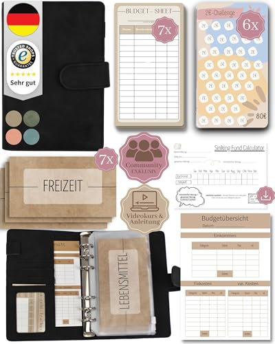BeginnerBudget® Budget Planner Deutsch - Starterset mit Sparchallenge Budgetplaner - Sparen mit Umschlagmethode + Anleitung - Ringbuch A6 - Binder A6 Wildleder-Style (Schwarz)