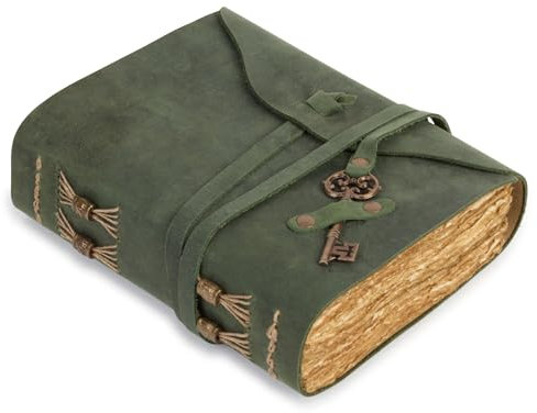 Vintage Tagebuch aus grünem Leder mit Schlüssel, Baumwollpapier - Notizbuch für Reisen, 21 x 17 cm, ideal zum Schreiben, Reisen und persönliche Notizen