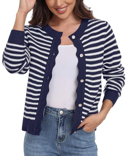 GRECERELLE Womens Lightweight Cardigan Casual Frenchy Striped Button Down Long Sleeve Knit Jumper Ladies Cardigans (Navy White Striped,XL)