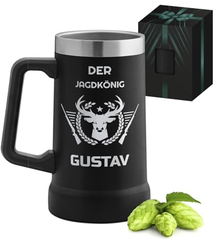 Maverton Isolierter Bierkrug mit Gravur 700 ml Schwarz mit Henkel | Edelstahl Bier Thermobecher mit Henkel, Personalisierte Geschenke Männer, für Bruder/Trauzeuge/Feuerwehrmann/Jäger