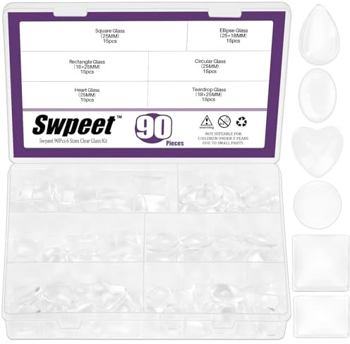 Swpeet Glass Cabochons for Photo Pendant Craft Jewellery Making (N1) 90Pcs 25mm 6 Stile Rund/Quadrat/Rechteck/Herz/Oval/Träne Transparent Glas Kuppel Cabochons Fliesen Sortiment Kit