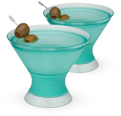 Host Freeze Insulated Martini Cooling Cups, Plastic Freezer Gel Chiller Double Wall Stemless Cocktail Glass Set of 2 9oz, Tinted Aqua Blue, Green
