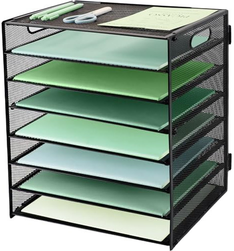 IOUGDSEC 8 Fächer Briefablage aus Metall mit Griff, A4-Netzeinsatz in Tablett, Büro Schreibtisch Organizer Dokumentenhalter Aktenablage Zeitschriftenhalter Papier Magazin Organisator,Schwarz ﻿
