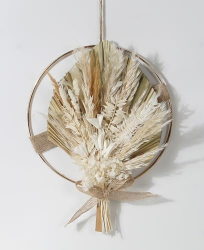 GHIAKQYT Natürlicher Kranz aus getrockneten Blumen mit Metallring & getrockneten Palmenblättern - Boho Hanging Door & Wall Decor, getrocknete Blumen Home Decorative