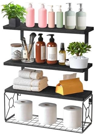 Sonhomay Floating Shelves Bathroom Shelves Over Toilet Wall Mounted Floating Shelves with Wire Storage Basket Wood Floating Wall Shelves for Bedroom Farmhouse Kitchen Living Room Plants