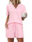 Bresdk Pyjama Femme Court Été Deux-Pièces Élégant Loungewear Coton Uni Ensembles de Pyjama Rose XL