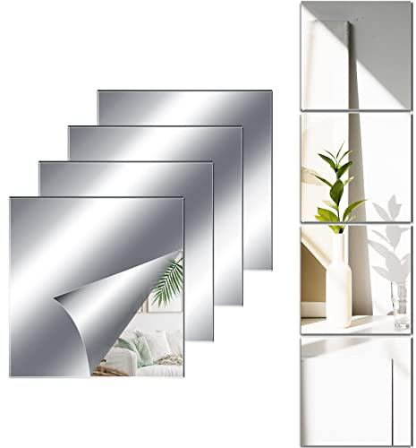 JMITHA 4 Stück Selbstklebende Fliesenspiegel Klebespiegel Selbstklebend Spiegel zum Aufkleben Wandspiegel Acryl 30x30cm, Klebespiegel Spiegelfliesen 2mm HD DIY für Schrank Wohnzimmer Schlafzimmer