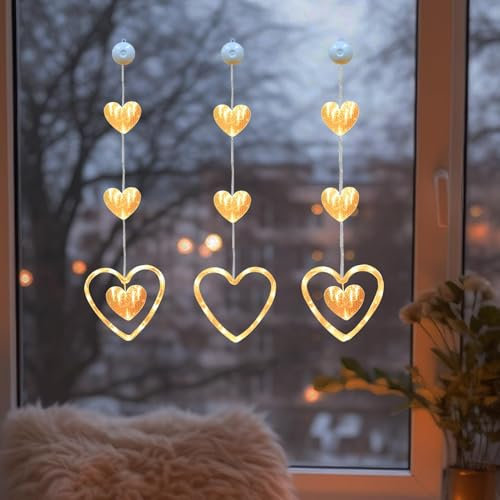 3 Stück LED Lichterkette Fenster mit Saugnäpfe, Herze Lichterkette Fenster Deko, LED Herze Lichterkette zum Aufhängen Warmweiß Herz Lichter Fensterbeleuchtung für Valentinstag Ostern Ramadan Deko (B)
