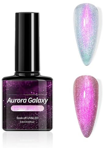 Aurora Crystal Gel Nail Polish, Galaxy Glitter Pink Gel Nail Varnish, 2-IN-1 Top Coat Aurora Nail Gel, Sparkling Pearl Soak-Off UV/LED Gel Nail Polish for Holographic Nail Art DIY