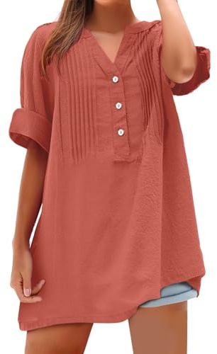 Camicie di lino da donna a pieghe con maniche arrotolabili con scollo a V e risvolto camicia con bottoni leggera ad asciugatura rapida top taglie forti estate vestibilità ampia camicette casual