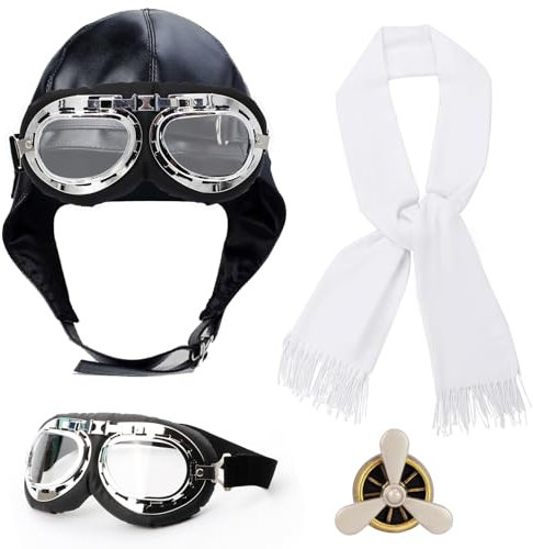 Pilot Kostüm Herren Damen Fliegermütze Schwarz Fliegerbrille Fasching Pilot Hut Brille Set Weißem Schal Flugzeug Brosche Vintage Pilotenmütze für Erwachsene Halloween Karneval