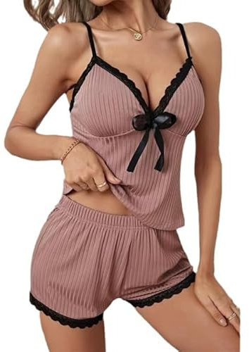 Satohom Femme Sexy Ensemble de Pyjama Été 2 Pièces Col en V Profond Cami sans Manches Hauts et Shorts Vêtements de Nuit Set Grande Taille Couleur Unie Nuisette Sleepwear Court Sets S-2XL