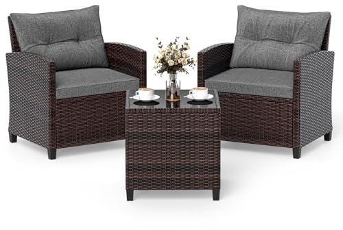 COSTWAY 3-TLG. Rattan Gartenmöbel Set, Polyrattan Sitzgruppe, 2 Sessel & 1 Beistelltisch, Balkonmöbel Bistroset Gartengarnitur, Gartenlounge Gartenset inkl. Glasplatte & Sitzkissen (Grau)