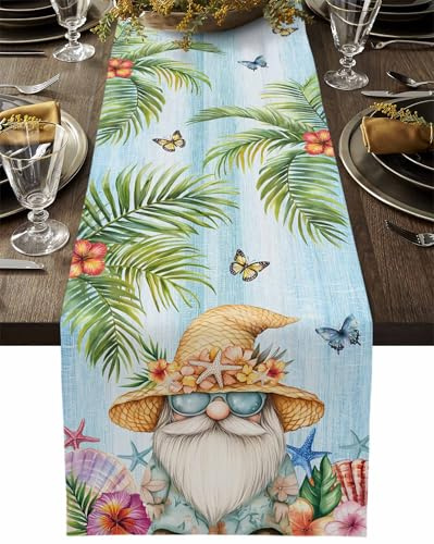 Summer Coastal Dwarf Palm Tree Table Runner 13x36in Inches Long Soft Table Runners Dresser Scarf, Blue Ocean Starfish Kitchen Dining Tablerunners for Home Party Decor