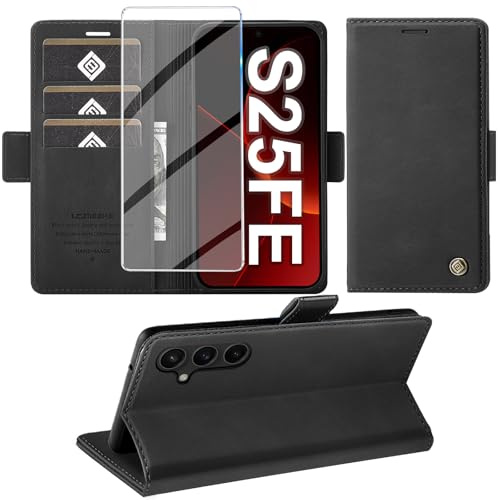 Giyer Handyhülle für Samsung Galaxy S25 FE Hülle mit Schutzfolie, Schutzhülle PU Leder Wallet Flip Case Standfunktion Kartenfach Stoßfest Klapphülle für Samsung S25 FE 5G Cover Tasche (Schwarz)