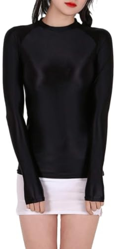 Womens Glossy T-Shirt Shiny Crewneck Long Sleeve Semi See Through Party Top | Solid Stretchy Tank Top for Yoga Fitness Workout, Sheer Seamless Disco Shirt Blouse for Festival Rave Dance Clubwear