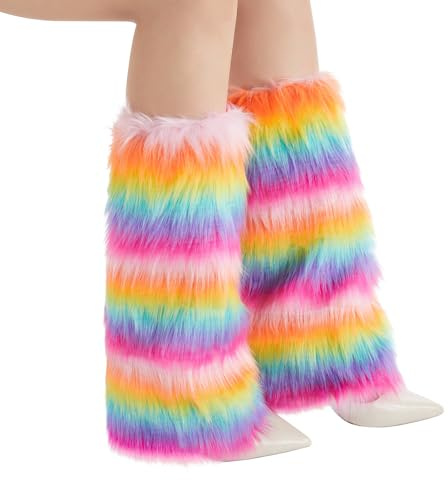 Felcia Damen-Beinstulpen aus Kunstfell, stilvolle Regenbogen-Stiefelüberzüge, modisches Kostümzubehör