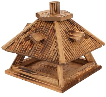 .Futterstation für Wildvögel Vogelhaus Holz handgefertigt – geflämmt, bemalt & mit Leinöl imprägniert – wetterfestes Futterhaus für Garten Balkon Terrasse (KK4D-OOS)