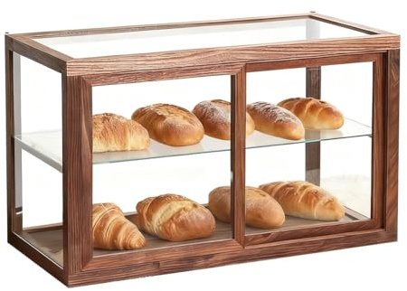 TidyWood 2-stöckige Glasvitrine, Vitrine aus Holz mit Zwei Ablagen for Sammlerstücke, Gebäck, Desserts, im Wohnzimmer, in der Bäckerei, im Café-Büro(45cm)