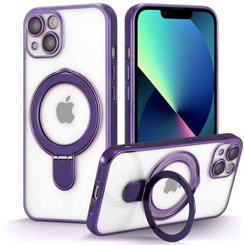 ZCDAYE Magnetic Case for iPhone 15 with Invisible Stand, Purple | Compatible with Magsafe, Men Women Transparent Clear Phone Case, Rotating Ring holder, Camera Protection Protective Cases