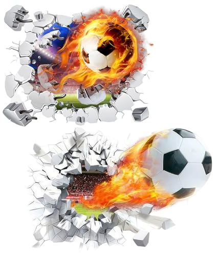 Football Wall Stickers 3D Decals, 2PCS Football Wallpaper 3D Smash Wall Removable Walls Art Decal Walldecals Room Accessories 3D Effect Walls Stickers for Offices Living Room Bedroom