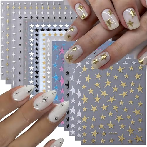 CharmeFleur Sterne Nail Stickers for Nail Design 14 Pieces 3D Shiny Adhesive Y2K Nail Decorations Gold Silver Black White Star Charms for Fingernails Toes