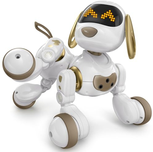 Ruko 18011 Intelligenter Roboter Hund für Kinder, LED-Ausdrücke, Weiß Gold