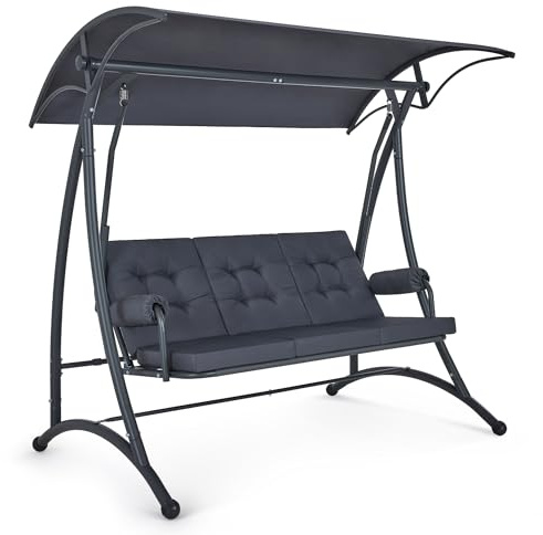 M MCombo 3-Sitzer Hollywoodschaukel mit Liegefunktion, 3 Extradickem Sitzkissen & Silent-Haken, Ruhige Gartenschaukel bis 300kg Belastbar, 193x119x185 cm, Schaukelbank Outdoor Wetterfest 4025 (grau)