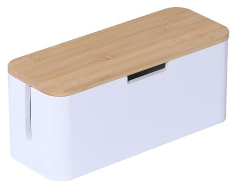 Relaxdays Kabelbox für Steckdosenleiste, Bambus, Deckel, Natur/weiß | HBT: 14,5x34x11 cm, Kabel verstecken, Steckdosenbox