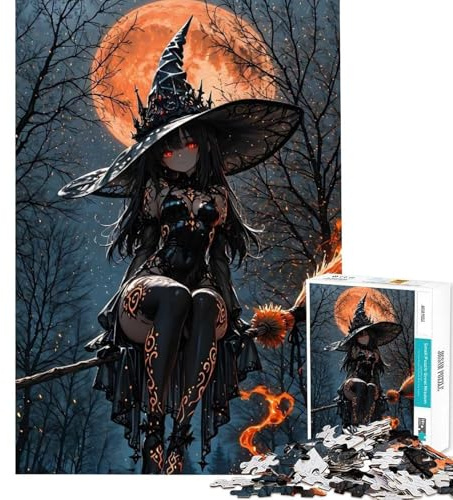1000 Pieces Puzzles for Teenagers Anime Witch on Broomstick with Moon Adult Puzzles Relaxing Games Improve Memory Deal As Gifts for The Whole Family (Size 50x75cm)