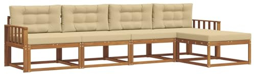 vidaXL Outdoor-Sofagarnitur mit Kissen 5 pcs Natur und Beige, Outdoor-Möbel-Set, modernes Patio-Sofa, wetterfestes Lounge-Set, Latten-Sofa, modulares Sofa